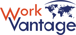 Workvantage logo with a world map, representing a Canadian staffing agency with international focus