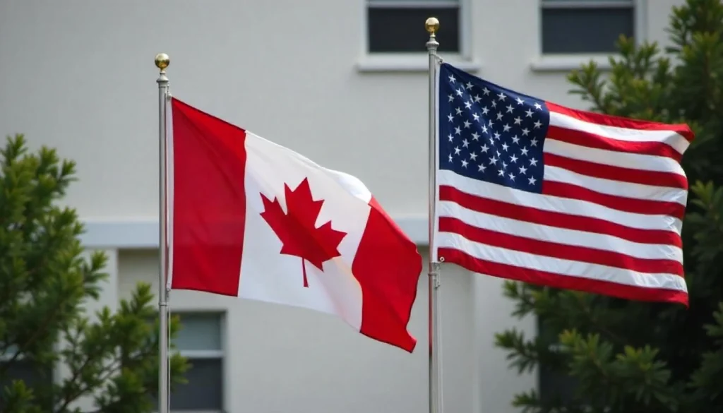 Drapeaux canadiens et américains flottant côte à côte, illustrant la dynamique entre les politiques migratoires des deux pays.