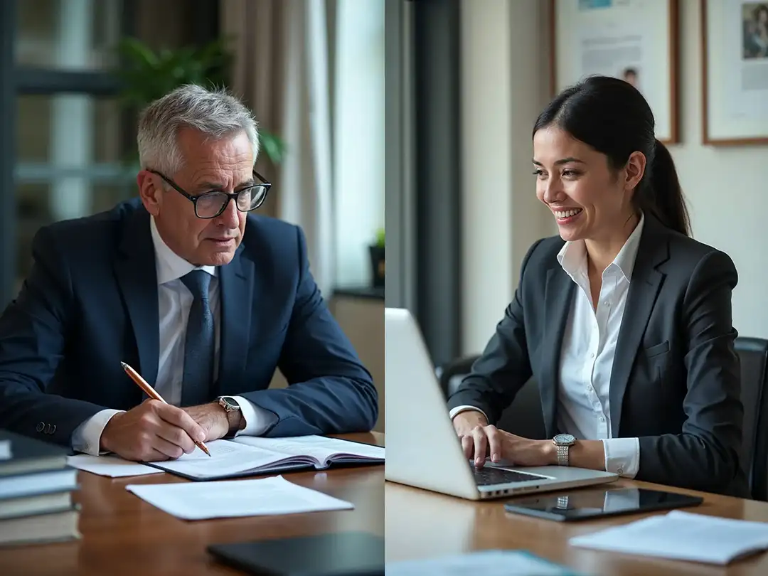 Split-screen of an immigration lawyer and a consultant in separate meetings with clients, showcasing service differences