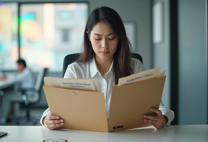 Woman carefully reviewing legal immigration documents to compare consultant and lawyer options