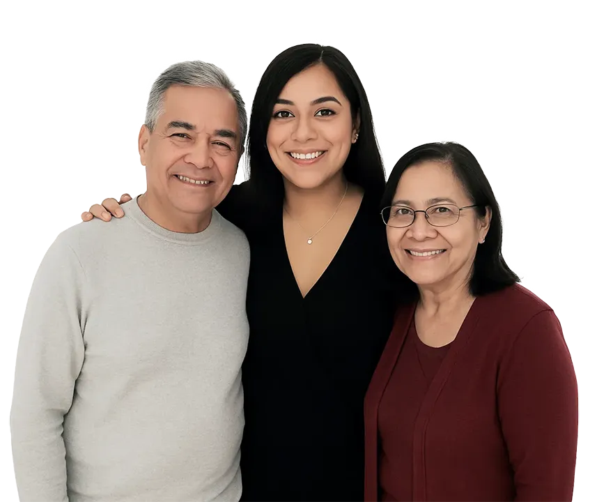 Client-Testimonial-–-Successful-Super-Visa-Application-with-Immigration-Pros Happy client with her parents sharing a positive review after a successful Super Visa application process.