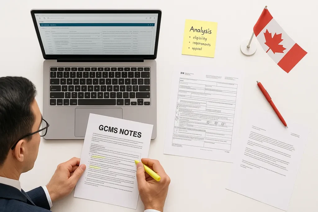 Consultant reviewing GCMS Notes to understand a Canadian visa refusal and identify next steps
