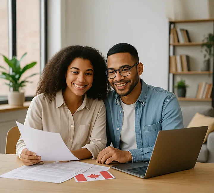Diverse couple sitting at a modern home workspace reviewing Canadian immigration documents with a small Canadian flag in the background, preparing their Express Entry application.