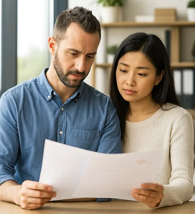 Couple-reviewing-documents-to-extend-their-Canadian-work-permit-IP-1 Couple carefully reading official documents while preparing to apply for a work permit extension in Canada.