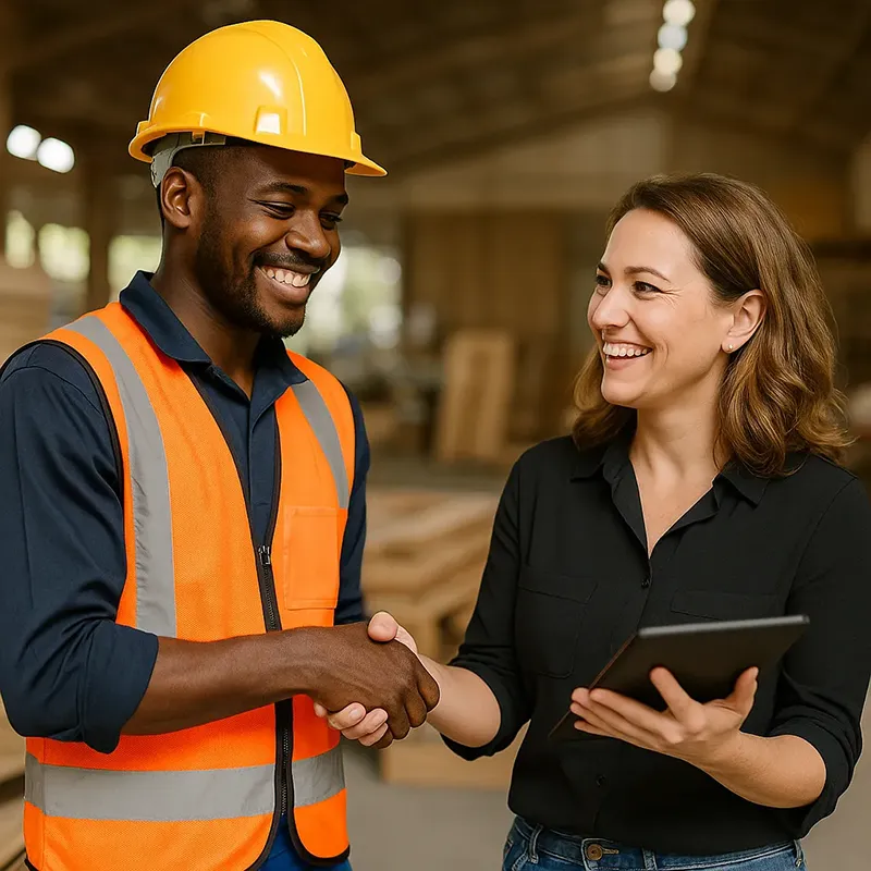 Friendly-Work-Permit-Agreement-in-Action A smiling construction worker in a safety vest and helmet shaking hands with a professional woman holding a tablet in a woodshop environment.
