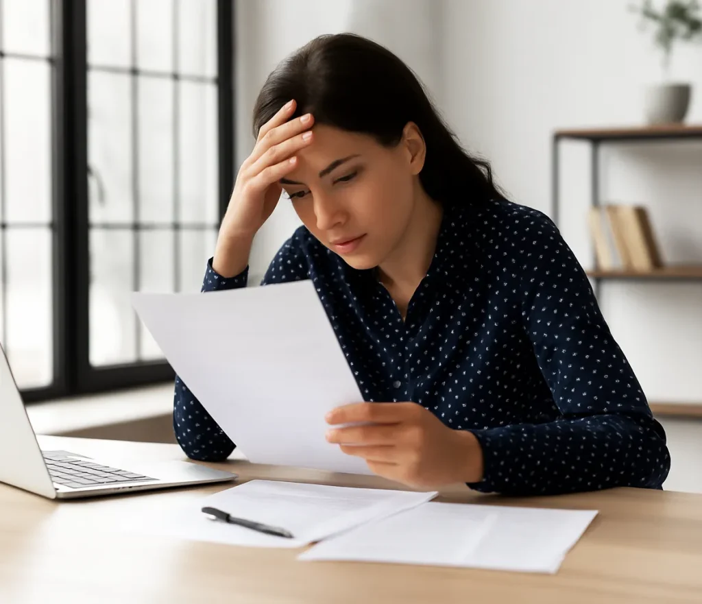 Frustration-from-a-Work-Permit-Refusal-Without-Expert-Help Woman visibly stressed while reviewing immigration documents alone at home, illustrating the risks of attempting a work permit extension without the support of Immigration Pros