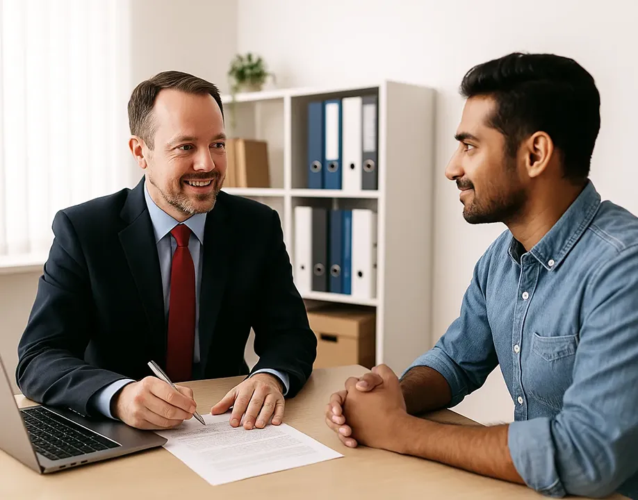 Professional-Consultation-for-a-Work-Permit-3 A professional consultant in a suit speaking with a man in casual attire during a work permit consultation in an office setting.