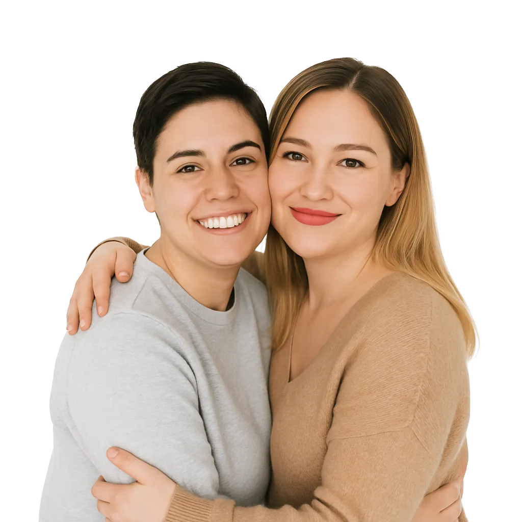 Same-sex couple smiling and embracing after successfully completing their Canadian sponsorship process with Immigration Pros
