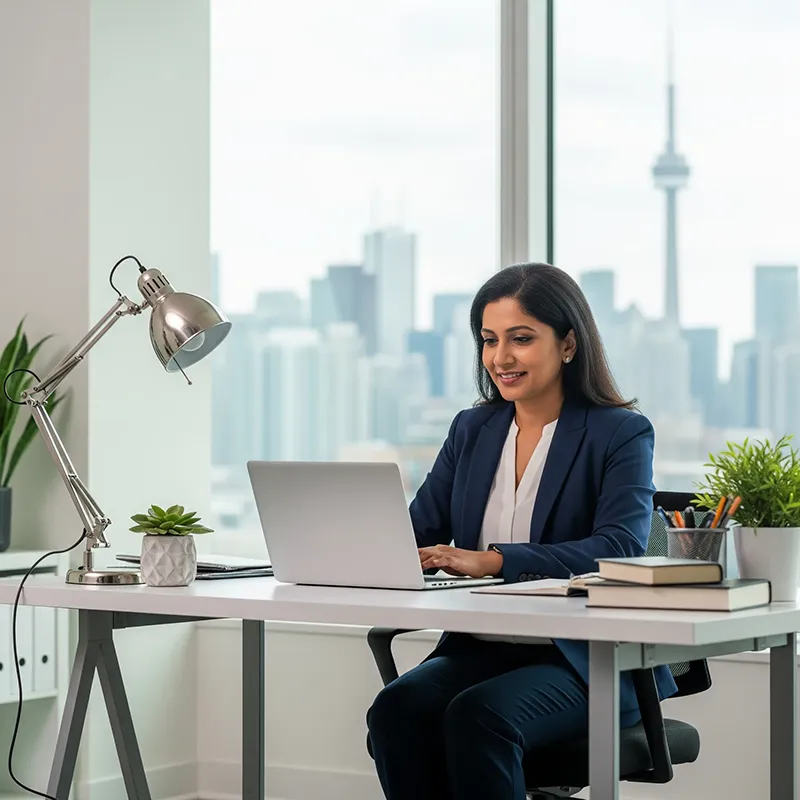 Professional woman in a navy blazer working on a laptop in a modern office with a clear view of the Toronto skyline and CN Tower in the background, representing remote immigration consulting services in Canada.