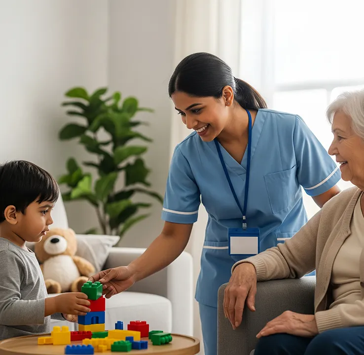 Caregiver in a blue uniform assisting a young child with building blocks while smiling at an elderly woman, highlighting intergenerational support and personalized home care.