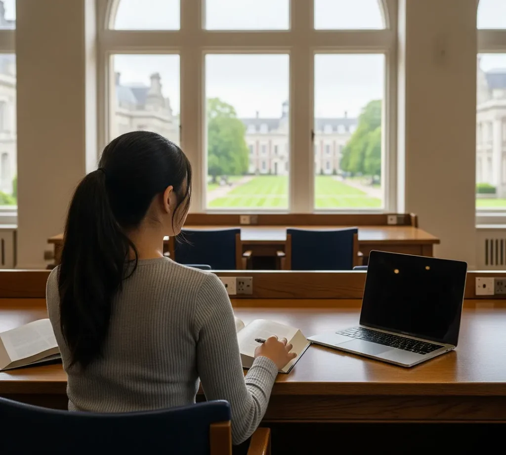 International student studying in a bright university library in Canada after successfully extending their study permit with Immigration Pros.