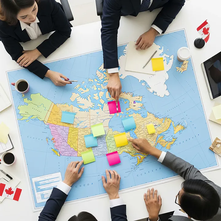 Diverse group of professionals gathered around a detailed map of Canada, marking provinces with colourful sticky notes during a strategic immigration planning session, with coffee cups, notebooks, and a small Canadian flag on the table.