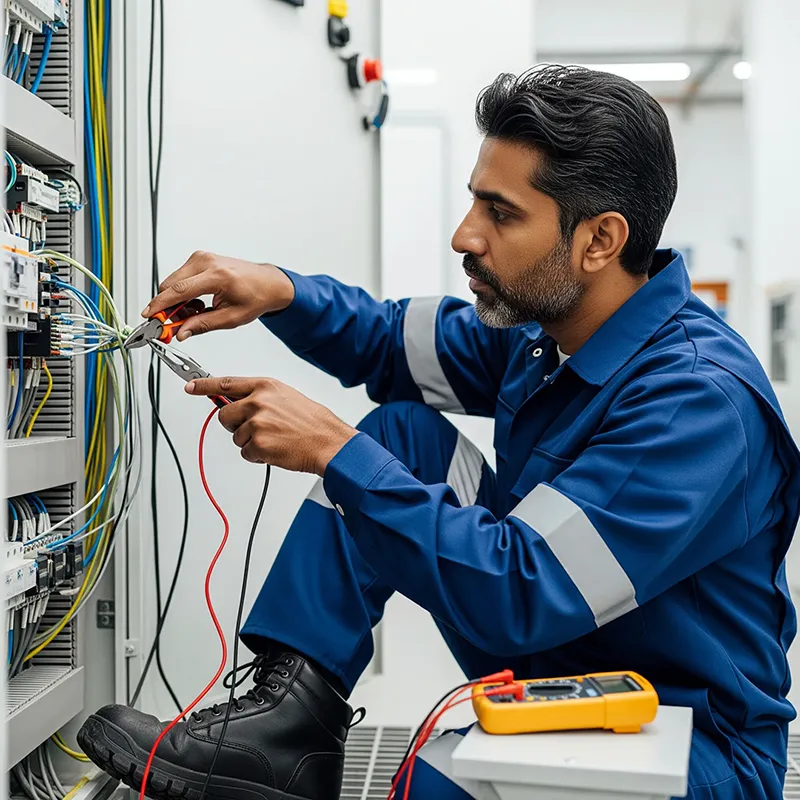 A male electrical tradesworker connecting wires in an industrial control panel, representing skilled trades professionals eligible for Canada’s Federal Skilled Trades immigration program.