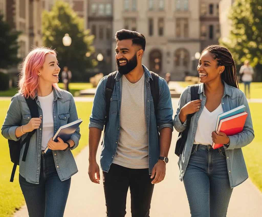 Happy-international-students-after-extending-their-study-permits-in-Canada-2 Three international students walking across a Canadian university campus after extending their study permits with the help of Immigration Pros.