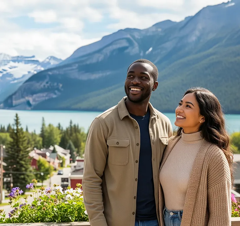 Smiling couple standing together in front of a beautiful Canadian mountain town with a lake and snow-capped peaks in the background, representing a successful new beginning through immigration.