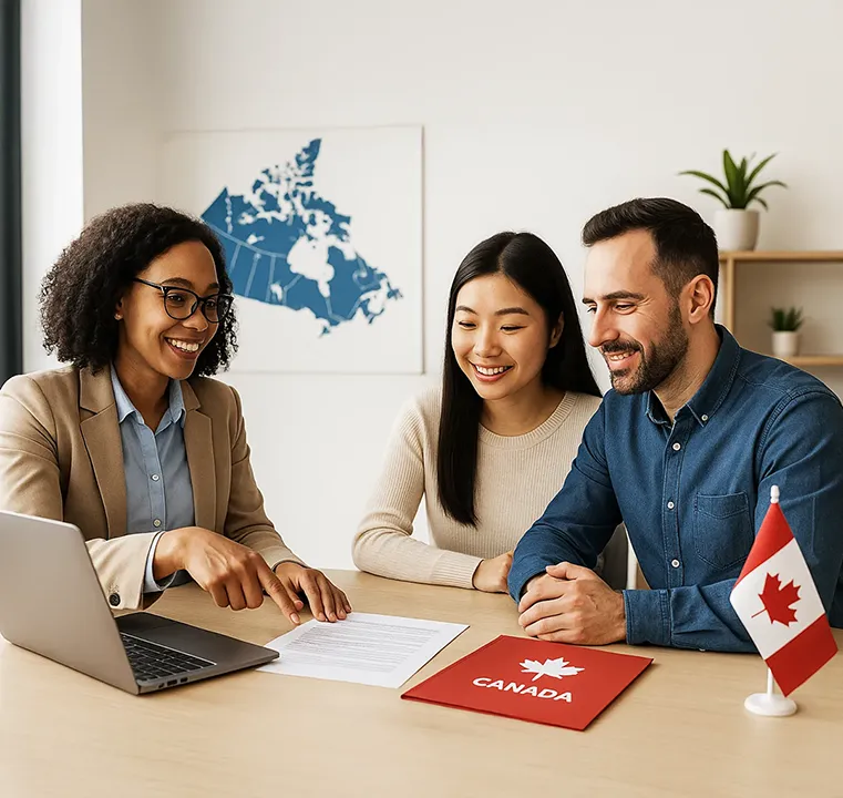 Smiling immigration consultant explaining Canadian immigration paperwork to a couple, with a map of Canada and Canadian flag visible in a modern office setting.