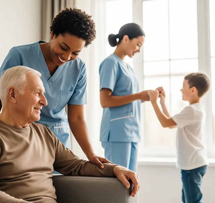 Two professional caregivers assist a senior and a young boy in a bright living space—showcasing the reliable, multigenerational caregiving solutions available through Immigration Pros’ Canadian Caregiver Program.