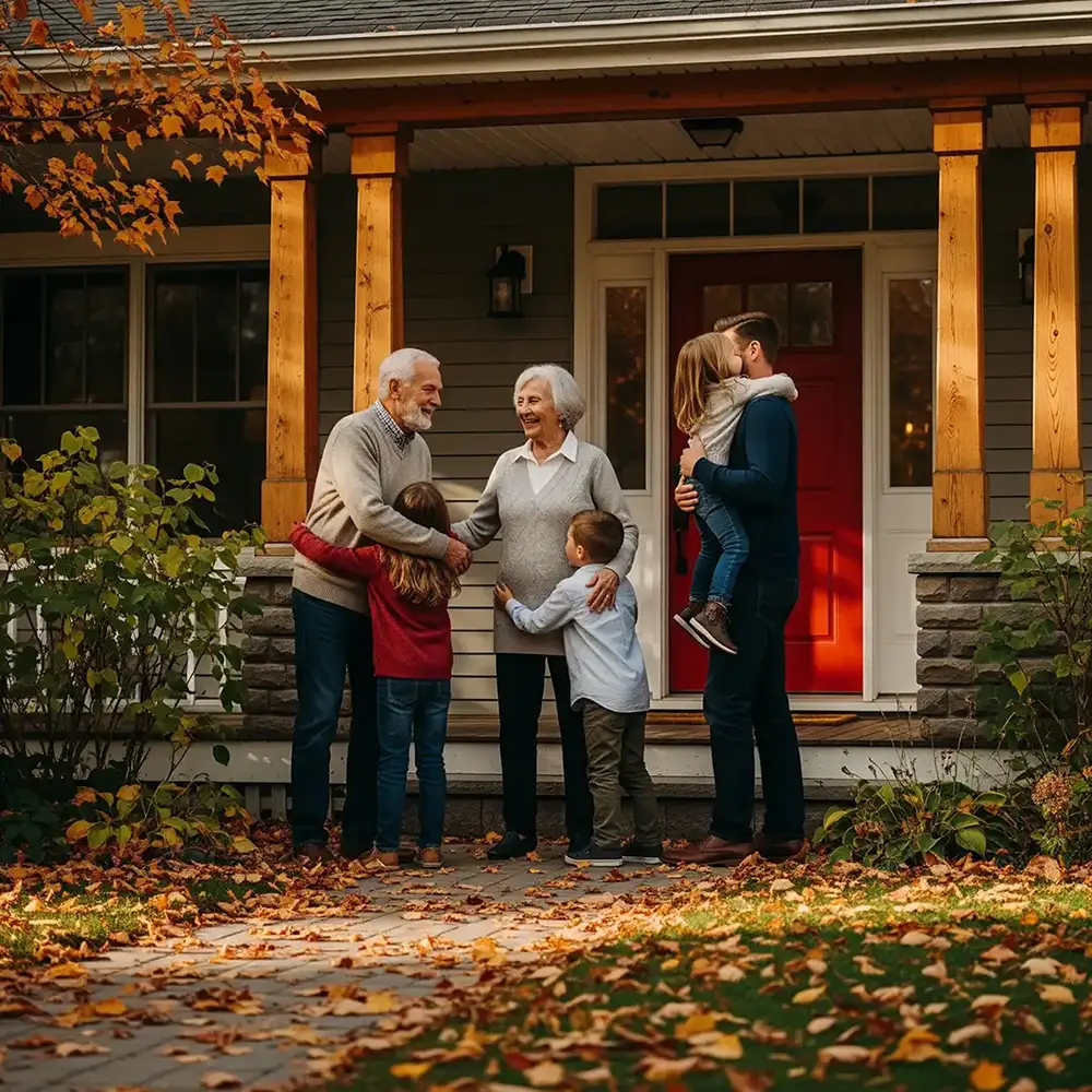 Happy family reunion on a home’s front porch in Canada, representing the emotional value of family visits with a TRV