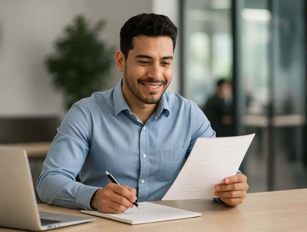 Skilled-Worker-Preparing-Application-Documents A smiling male professional sitting at a desk, reviewing documents and taking notes on a laptop, representing a skilled worker preparing for the Canadian Experience Class application.