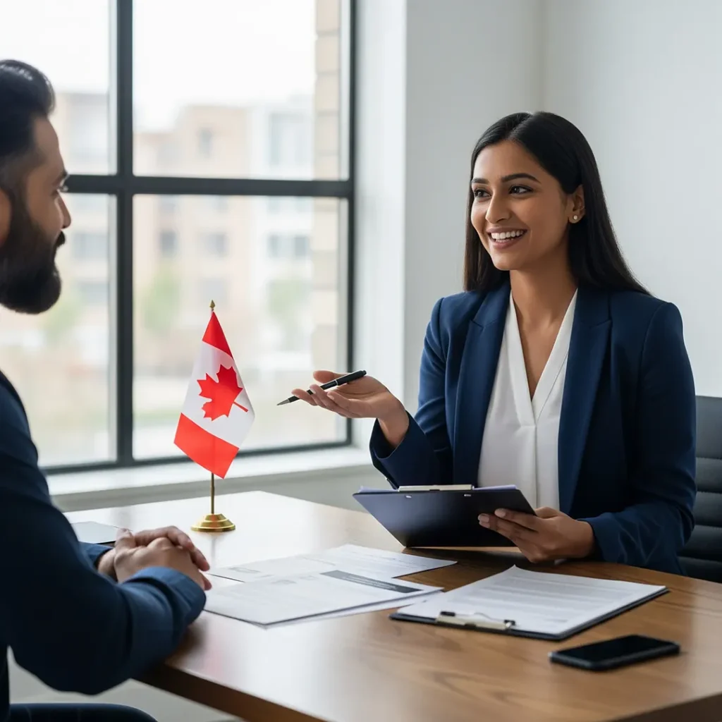 Status-Restoration-Support-in-Canada-2 Consultante en immigration souriante discutant de la restauration du statut avec un client dans un bureau professionnel, avec un drapeau canadien sur le bureau
