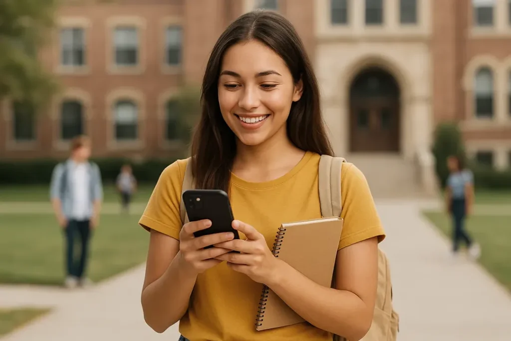 Stay-on-Track-with-Your-Study-Permit-2 Smiling international student checks her phone on a Canadian university campus, representing timely updates, permit tracking, and smooth application processes with Immigration Pros' Study Permit assistance.
