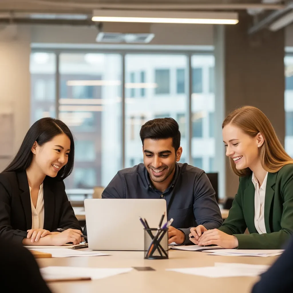 Three diverse professionals collaborating around a laptop in a bright office, symbolizing teamwork and support during the Canadian immigration process through the CEC pathway.
