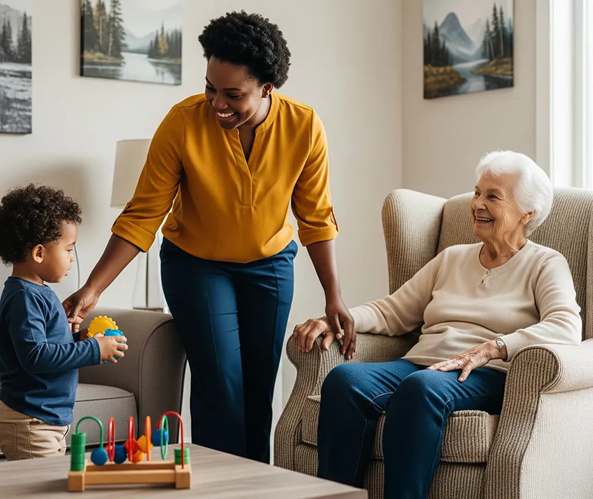 A compassionate caregiver supports a child and a senior woman in a warm, home setting—illustrating the trusted, family-style care offered through Immigration Pros’ Caregiver Program in Canada.