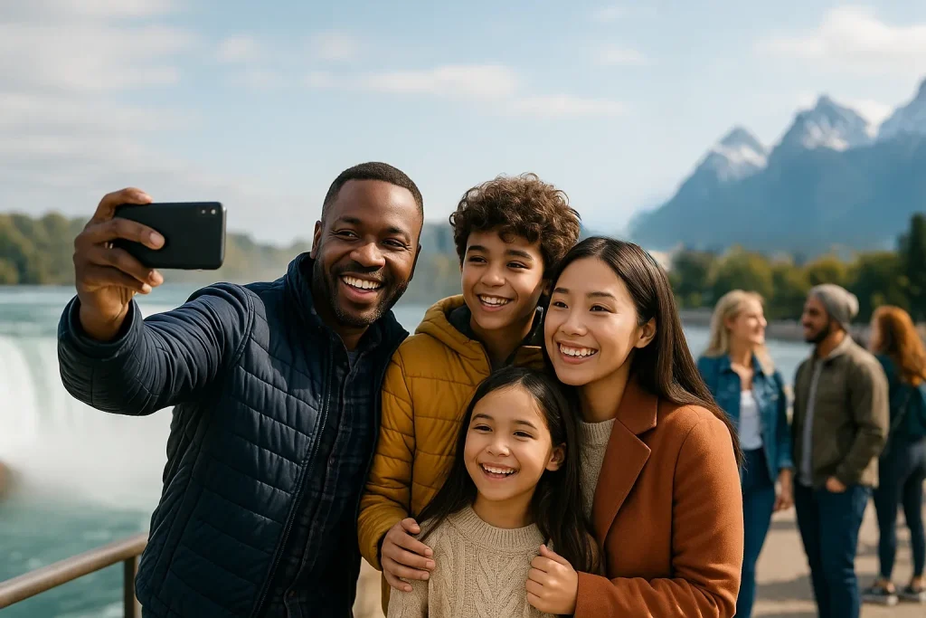 Smiling family visiting Canada after obtaining their Visitor Visas through Immigration Pros, with scenic mountains in the background.