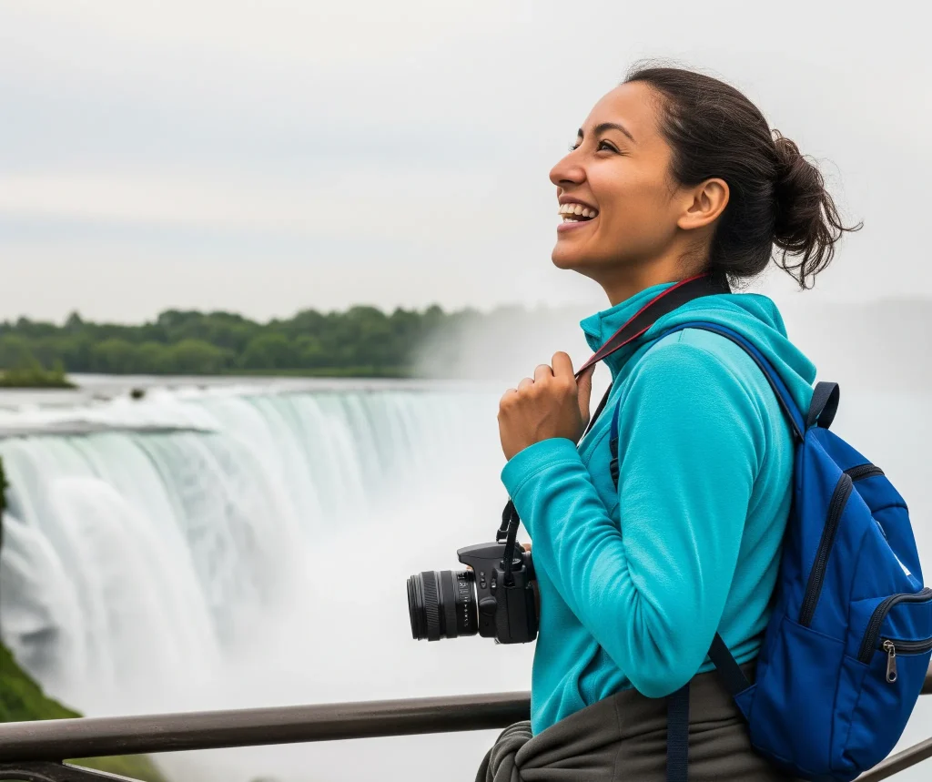 Tourist enjoying Niagara Falls after receiving her Canadian Visitor Visa with the help of Immigration Pros.