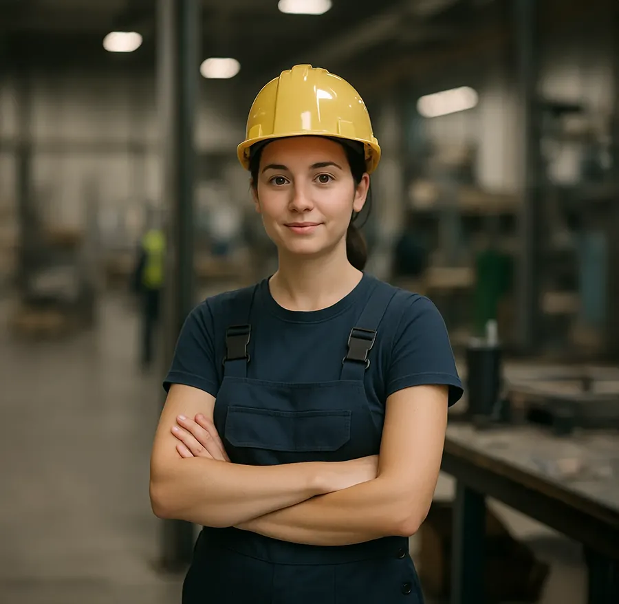 A female trades professional in safety gear working at a Canadian construction site, symbolizing immigration opportunities through the Federal Skilled Trades Program.