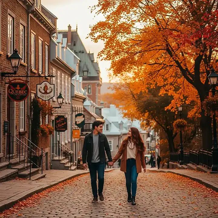 Young couple walking through Old Quebec during fall, symbolizing exploration opportunities with a Canadian visitor visa