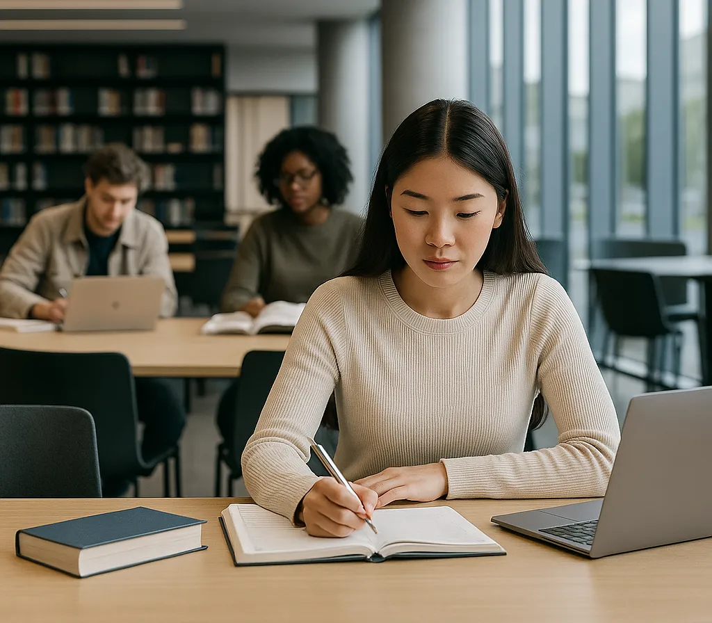 Extend your study permit in Canada and stay focused on your academic goals-IP International student working with a laptop and notebook in a modern library after extending their Canadian study permit through Immigration Pros.