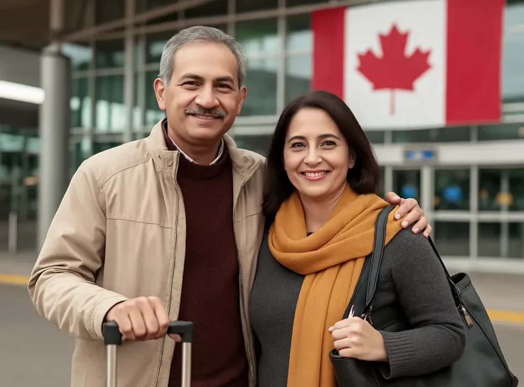Parents Arriving in Canada Through the Super Visa Program-IP Smiling couple standing outside a Canadian airport after arriving with a Super Visa.