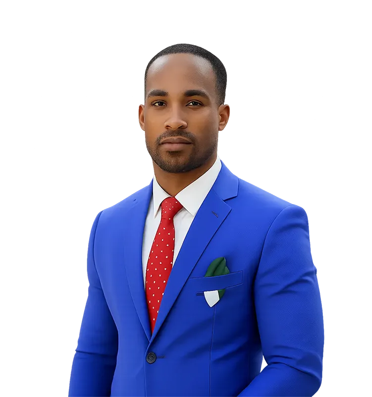 Portrait of Mardochée Fils-Aimé, a happy client in a blue suit who successfully completed his Canadian immigration process with Immigration Pros.