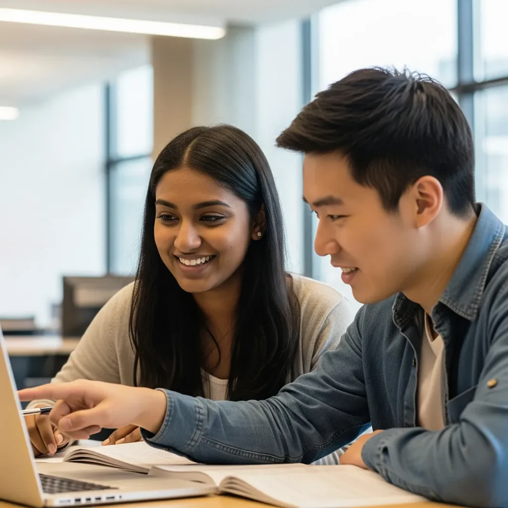 Two international students studying together and reviewing documents for their Canadian study permit application, highlighting the guidance offered by Immigration Pros.