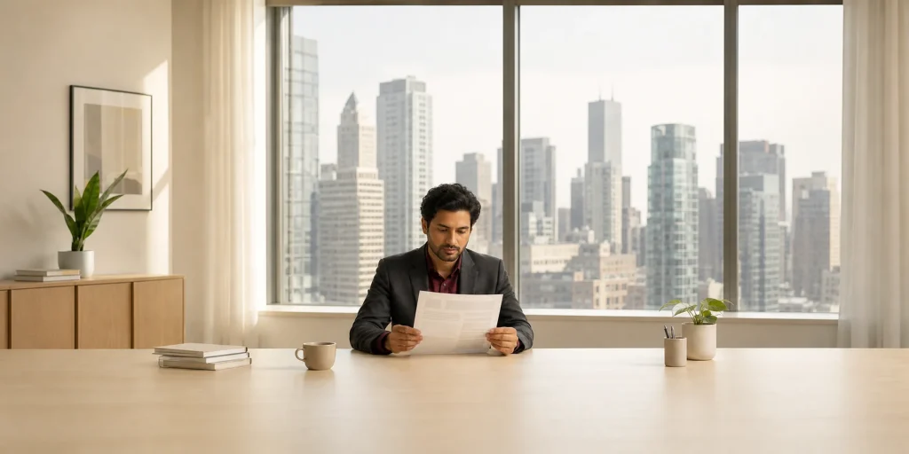 Professional reviewing an official Ontario immigration document with the Toronto skyline in the background