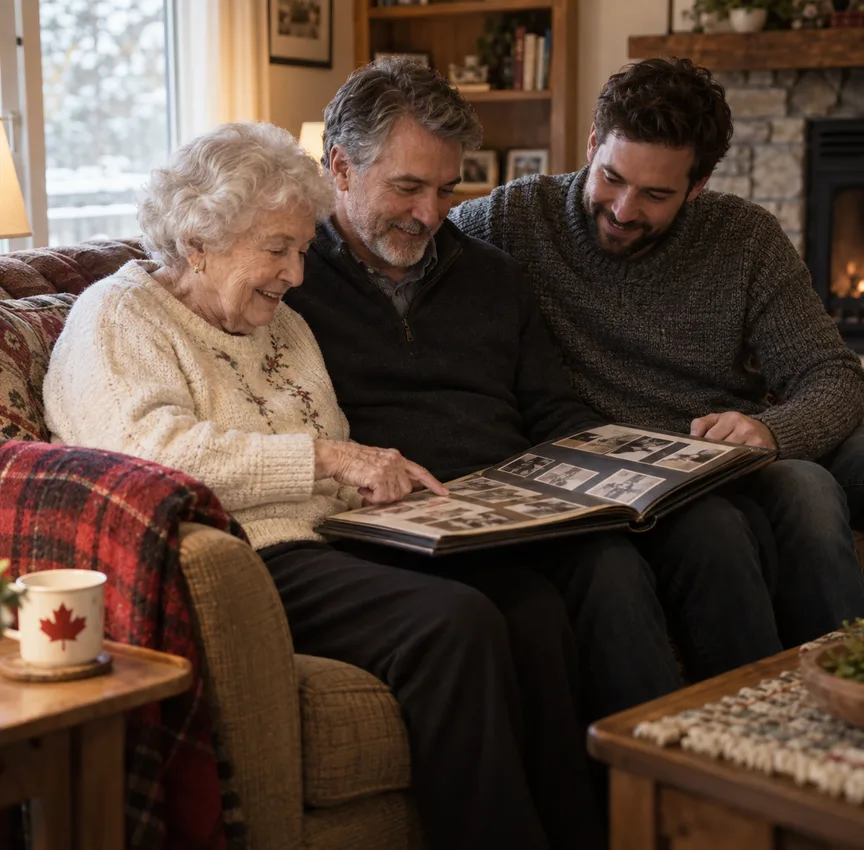 Three generations of a family looking through an old photo album together on the sofa