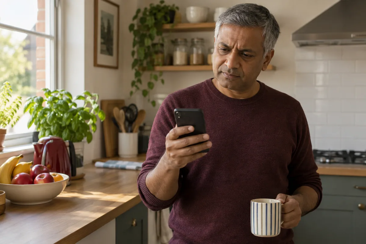 Man reading a job offer message on his phone in his kitchen with a doubtful expression