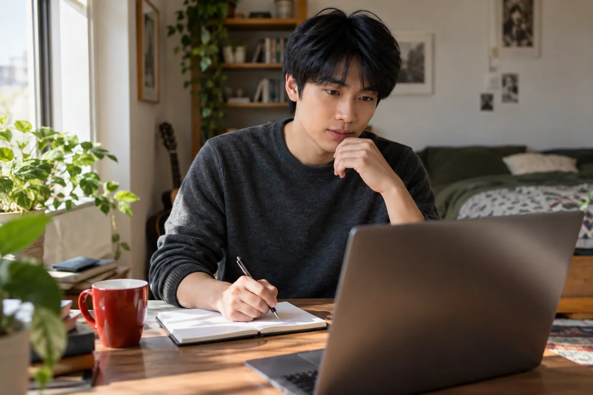Young man taking handwritten notes during a video call while checking the details of a job offer