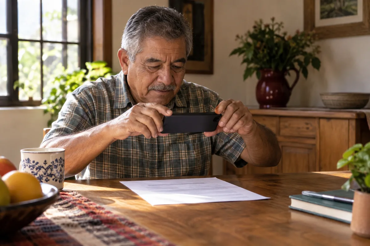 Man photographing a printed bank document with his phone to prepare his proof of funds