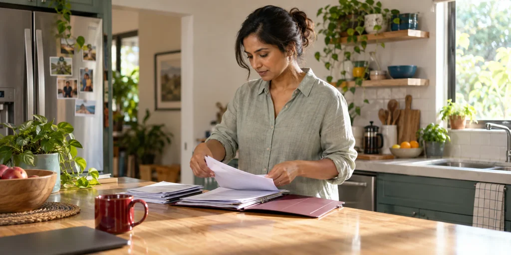 Woman at a kitchen counter organizing printed bank statements into a folder as proof of funds for Express Entry