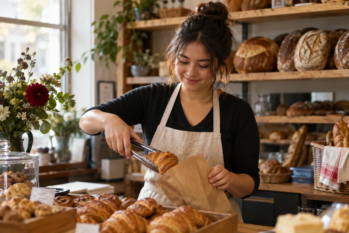 Young worker serving customers behind the counter of a neighbourhood bakery in Canada while a sponsorship application is in progress