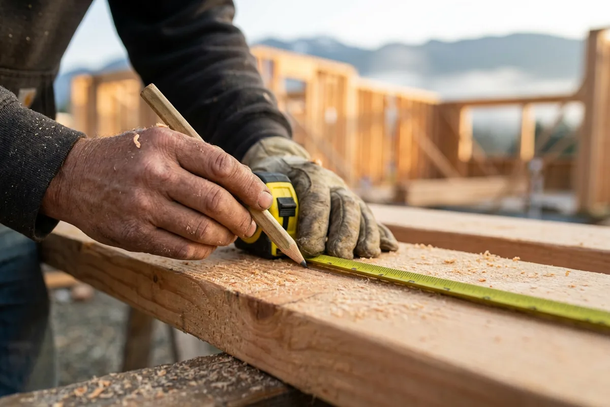 Carpenter's gloved hand marking a timber stud with a pencil and tape measure on a B.C. construction site