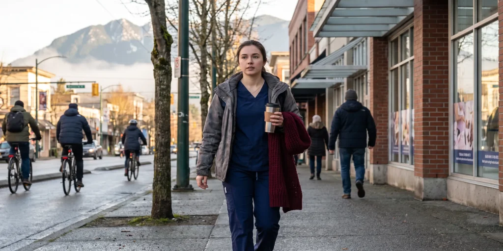 Healthcare worker in scrubs walking to her shift along a B.C. main street with the North Shore mountains behind
