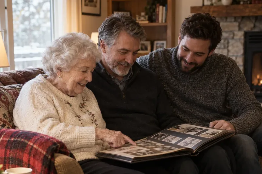 Three generations of a family looking through an old photo album together on the sofa