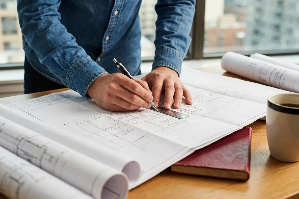 Architect's hands marking up building plans with a pen and ruler, experience in a listed occupation
