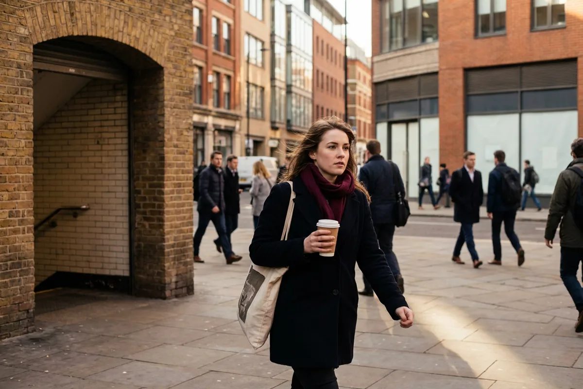 Young woman walking along a downtown street on her morning commute with a coffee and a tote bag