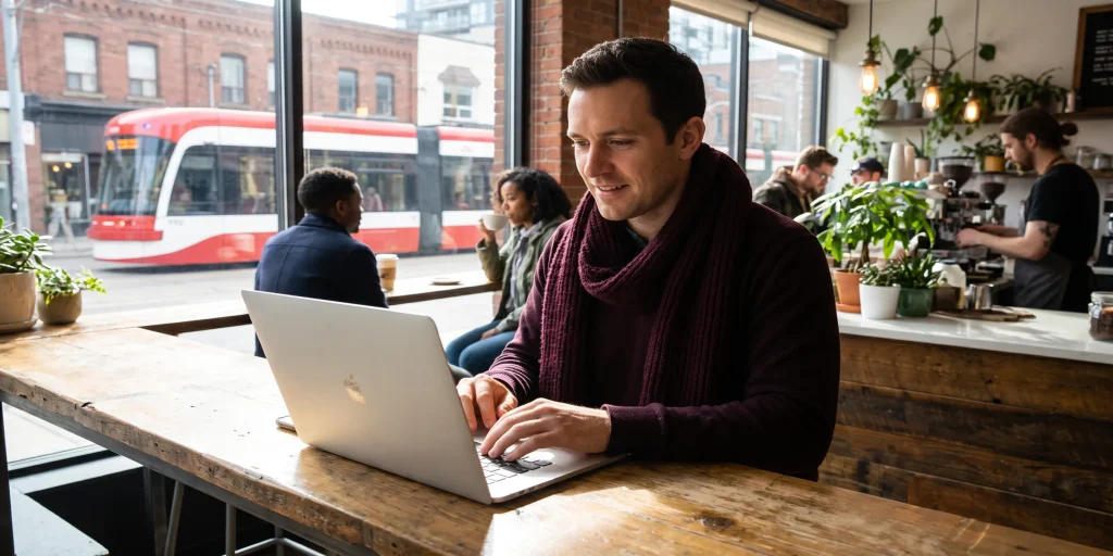 Young professional working on a laptop in a Toronto café as a streetcar passes outside