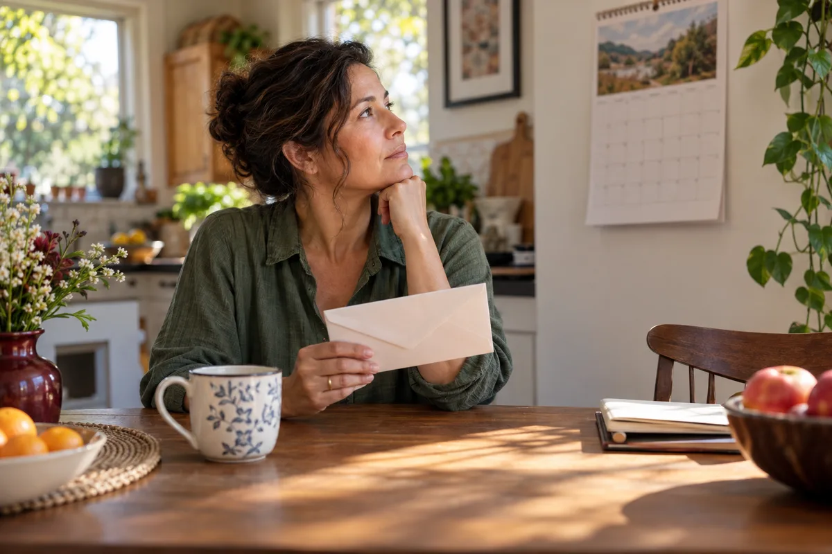 Woman holding a sealed envelope and looking at a wall calendar while her language test results near expiry