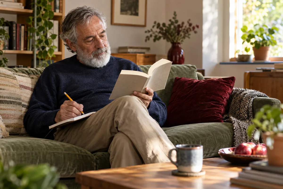 Older man studying French on his own with a book and a notebook on the sofa